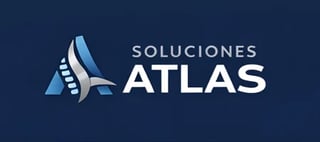 Soluciones Atlas logo featuring a blue and white stylized airplane icon with the company name on a dark blue background