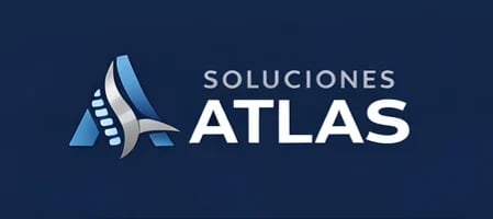 Soluciones Atlas logo featuring a blue and white stylized airplane icon with the company name on a dark blue background