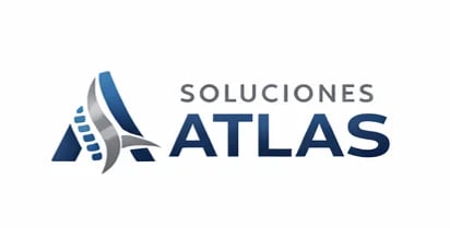 Soluciones Atlas logo with blue abstract architectural design and text