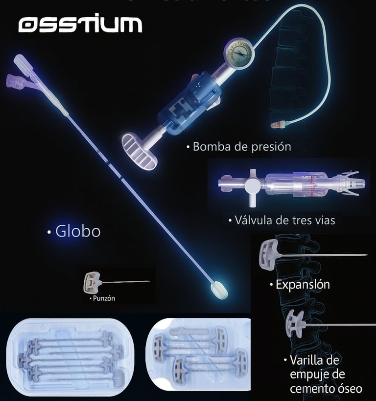 Ossium medical device components diagram showing pressure pump, globe, three-way valve, expansion chamber, and bone cement implant tools labeled in Spanish.