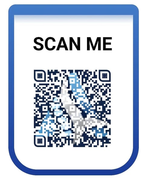 QR code with SCAN ME text above it on a blue bordered card