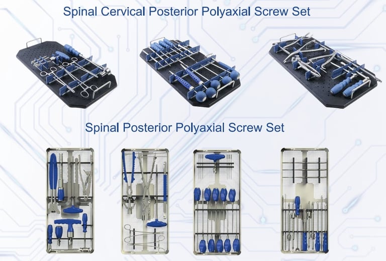 Conjuntos de tornillos espinales poliaxiales mostrados en bandejas organizadas, incluyendo variantes cervical posterior y posterior con instrumentos de mango azul